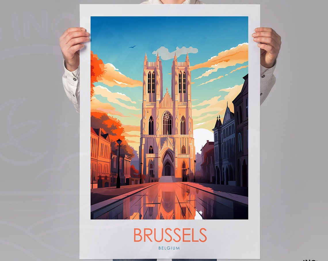 Brussels Belgium Cathedral Street Gothic Architecture Travel Poster - Image 3