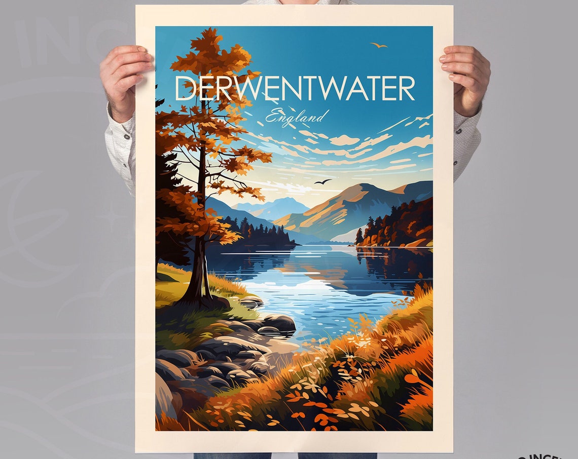 Derwentwater England Autumn Lakeshore Trees and Hills Travel Poster - Image 2