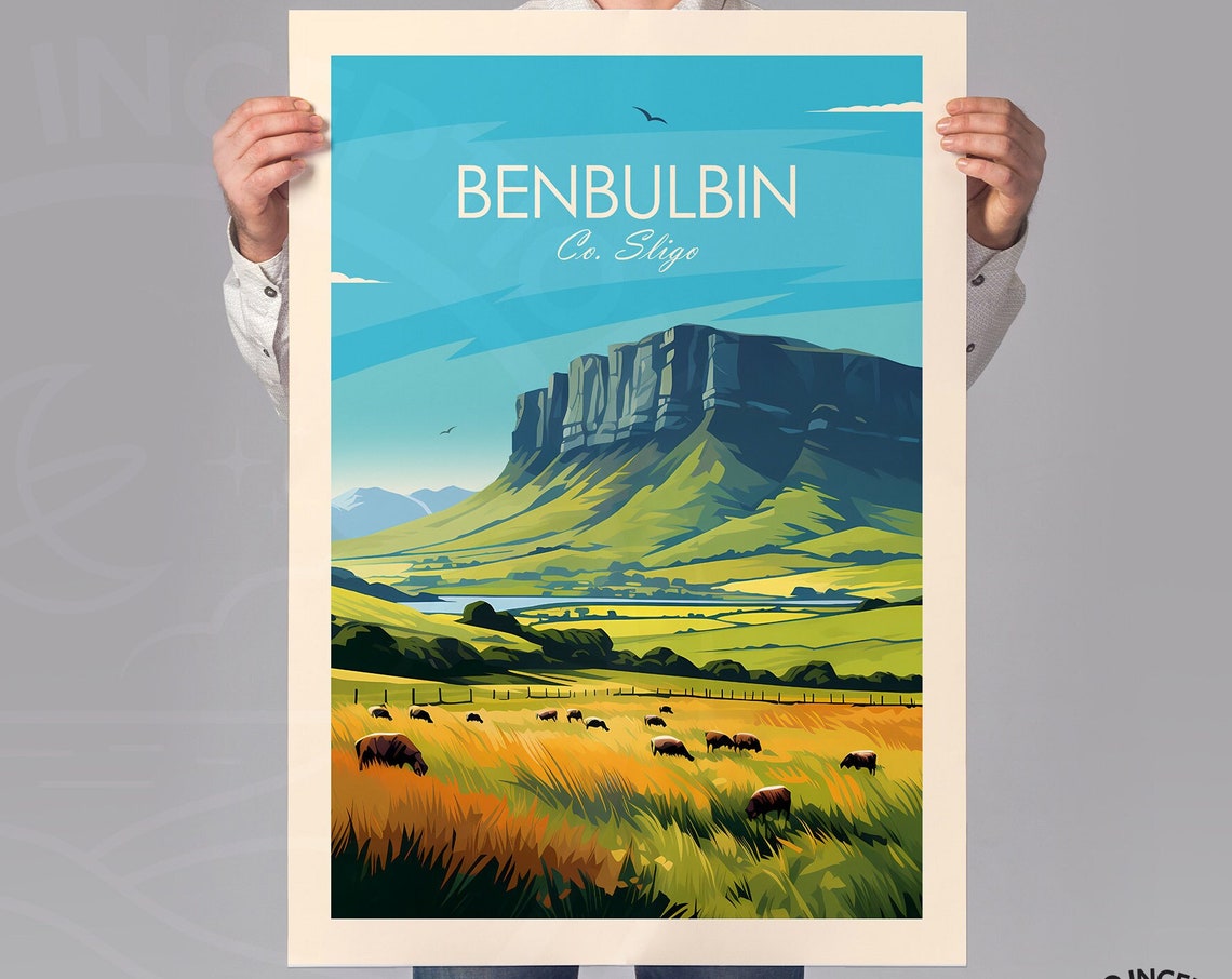 Benbulbin Co Sligo Ireland Sheep Mountain Vintage Travel Poster - Image 3