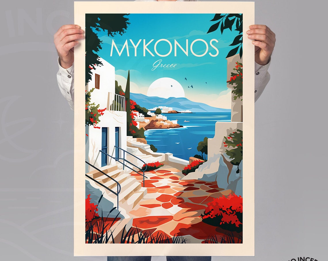 Mykonos Greece Whitewashed Alley Bougainvillea Aegean Poster - Image 2
