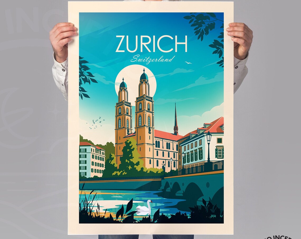 Zurich Traditional Travel Poster, Switzerland Cityscape - Image 3