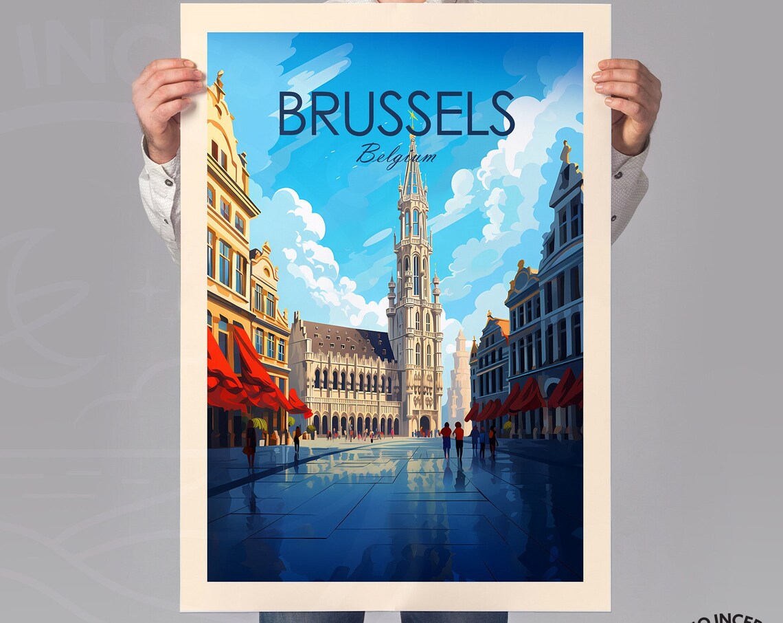 Brussels Belgium Grand Place Town Hall Tower Travel Art Poster - Image 3