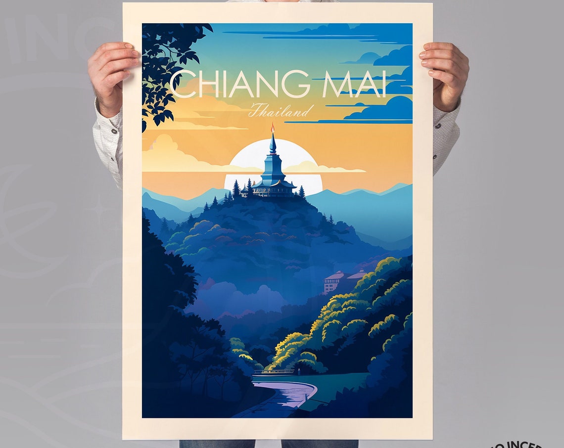 Chiang Mai Thailand Temple Hill Sunset Mountain View Travel Poster - Image 3