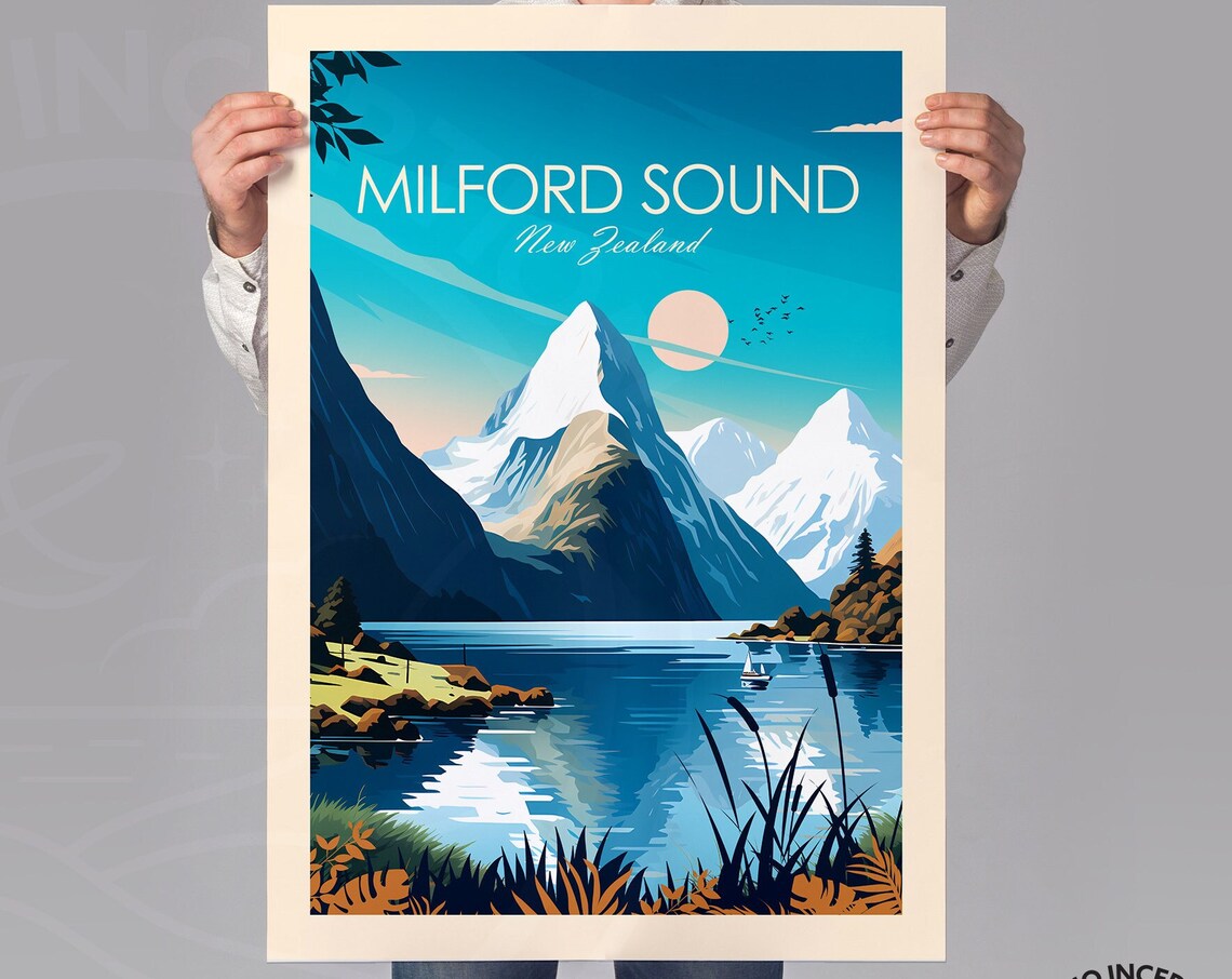 Milford Sound Travel Poster, New Zealand Wall Art - Image 2