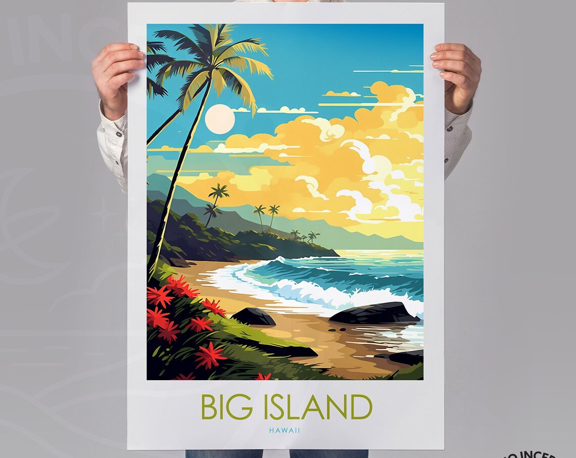 Big Island Hawaii Tropical Beach Palms Sunset Vintage Travel Poster - Image 2