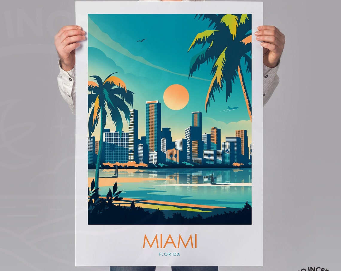 Miami Florida Skyline Palms Bay Sunset Vintage Travel Poster - Image 2