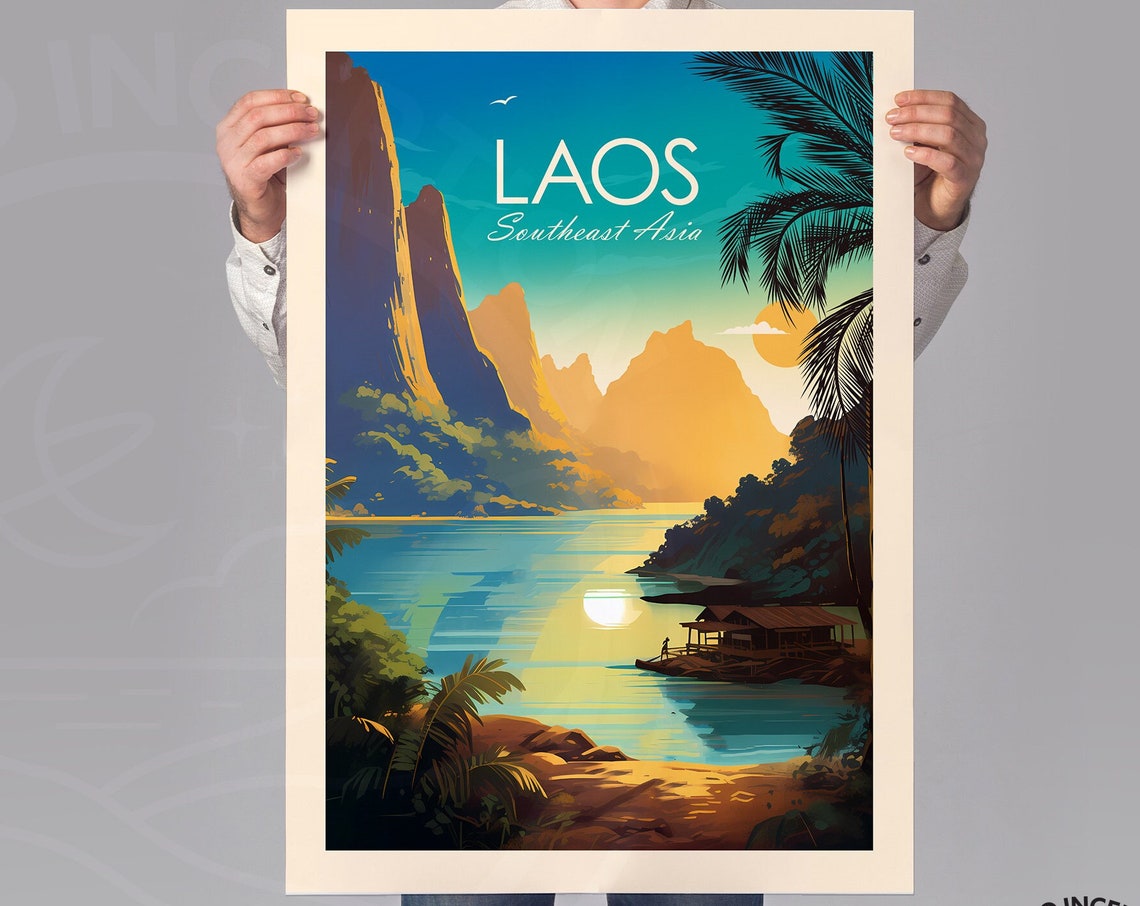 Laos Southeast Asia River Karst Mountain Sunset Travel Poster - Image 2