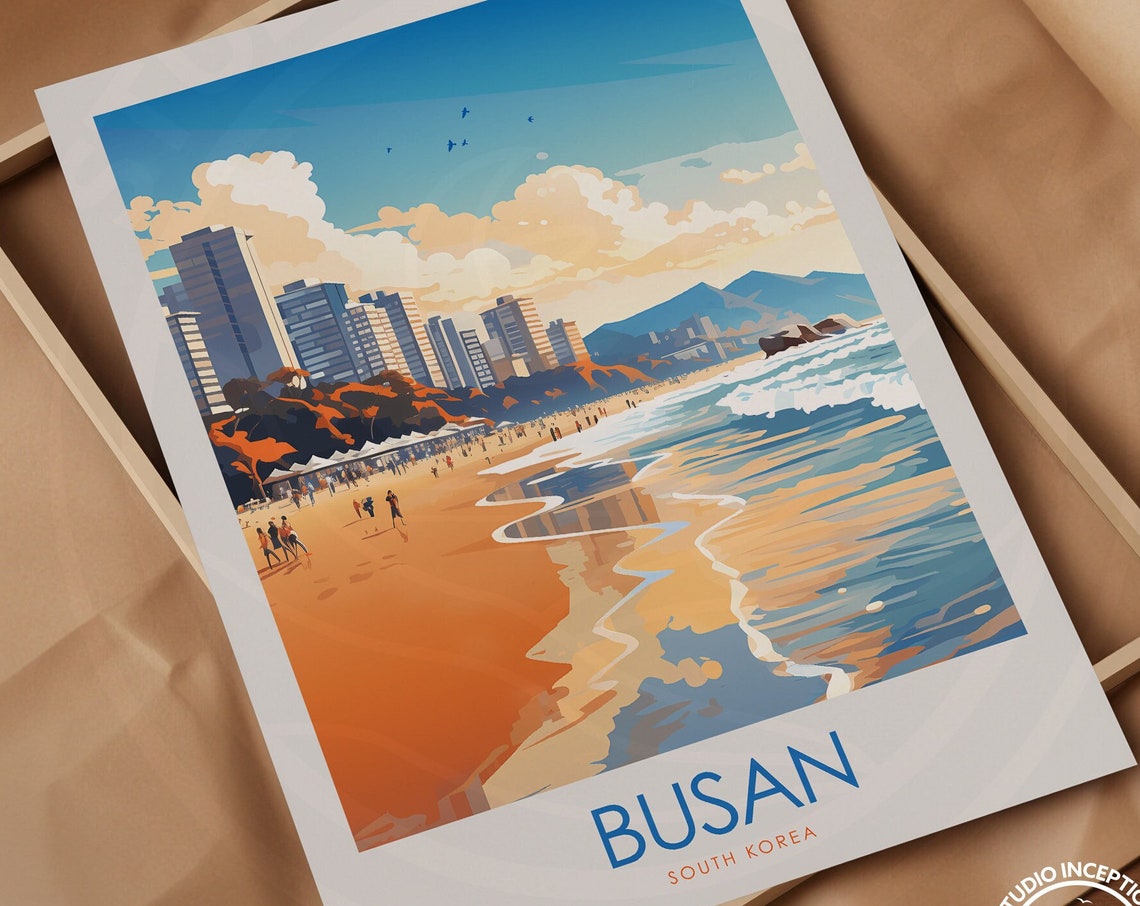 Busan South Korea Beachfront Skyline and Waves Minimal Travel Poster - Image 3