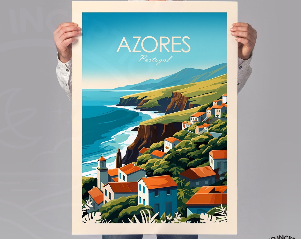 Azores Portugal Cliffside Village Ocean View Vintage Travel Poster - Image 2