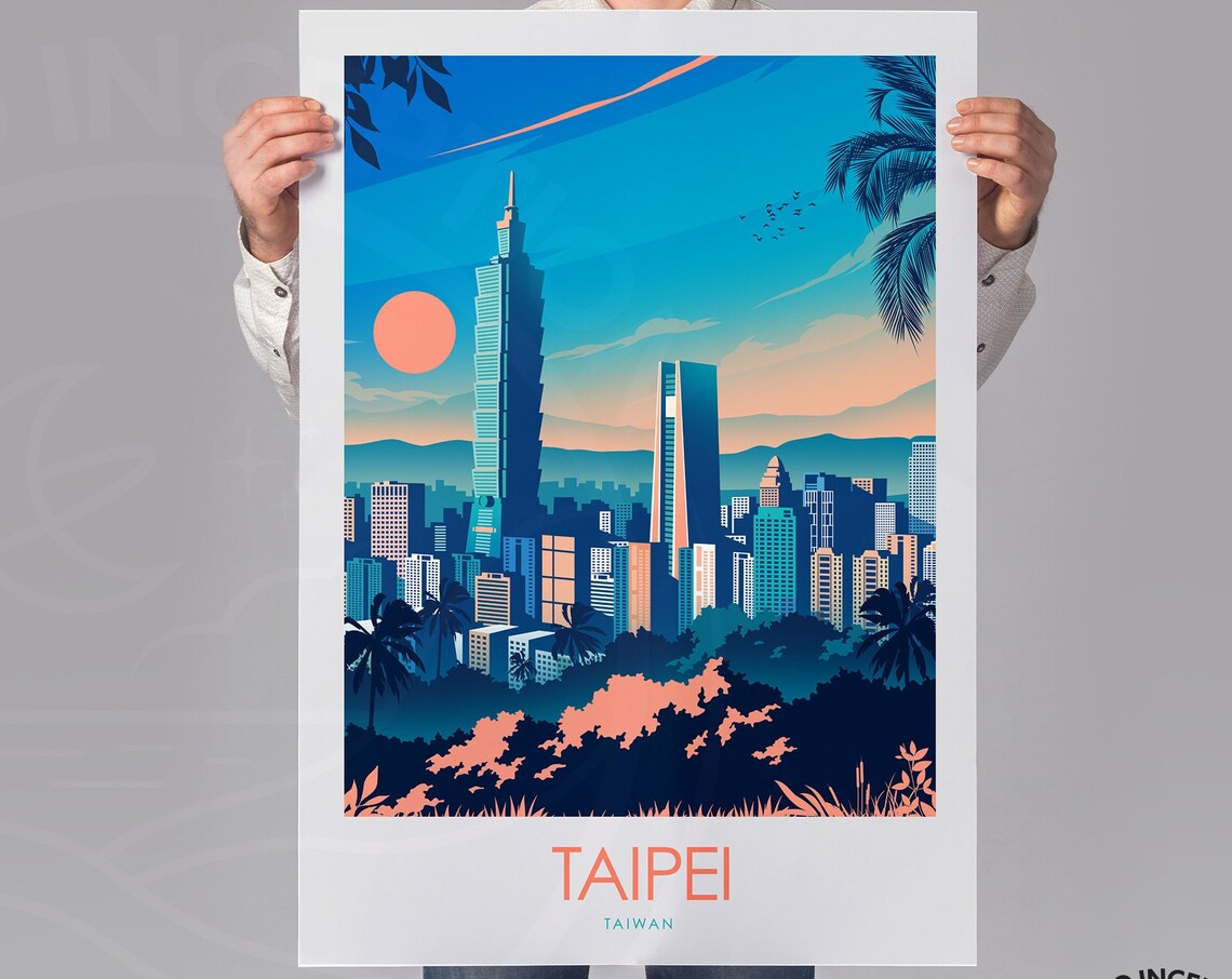 Taipei Taiwan Taipei 101 Skyline Sunset Vintage Travel Poster - Image 2