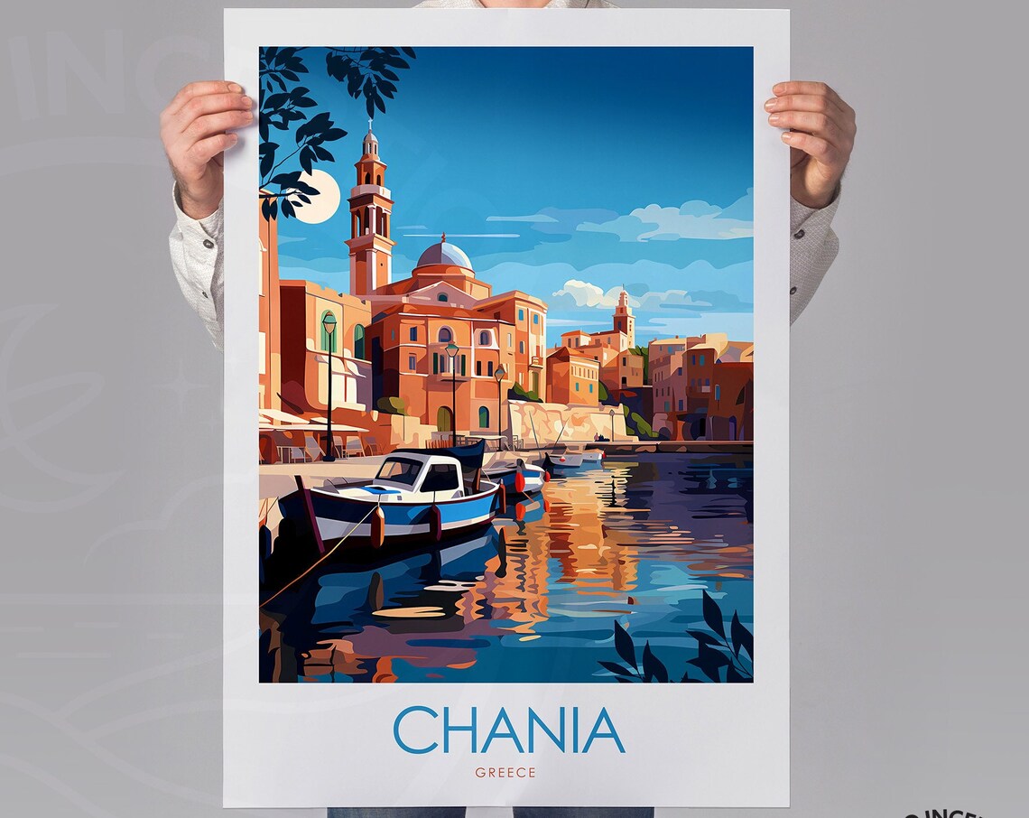 Chania Crete Greece Old Harbor Fishing Boat Night Travel Poster - Image 3