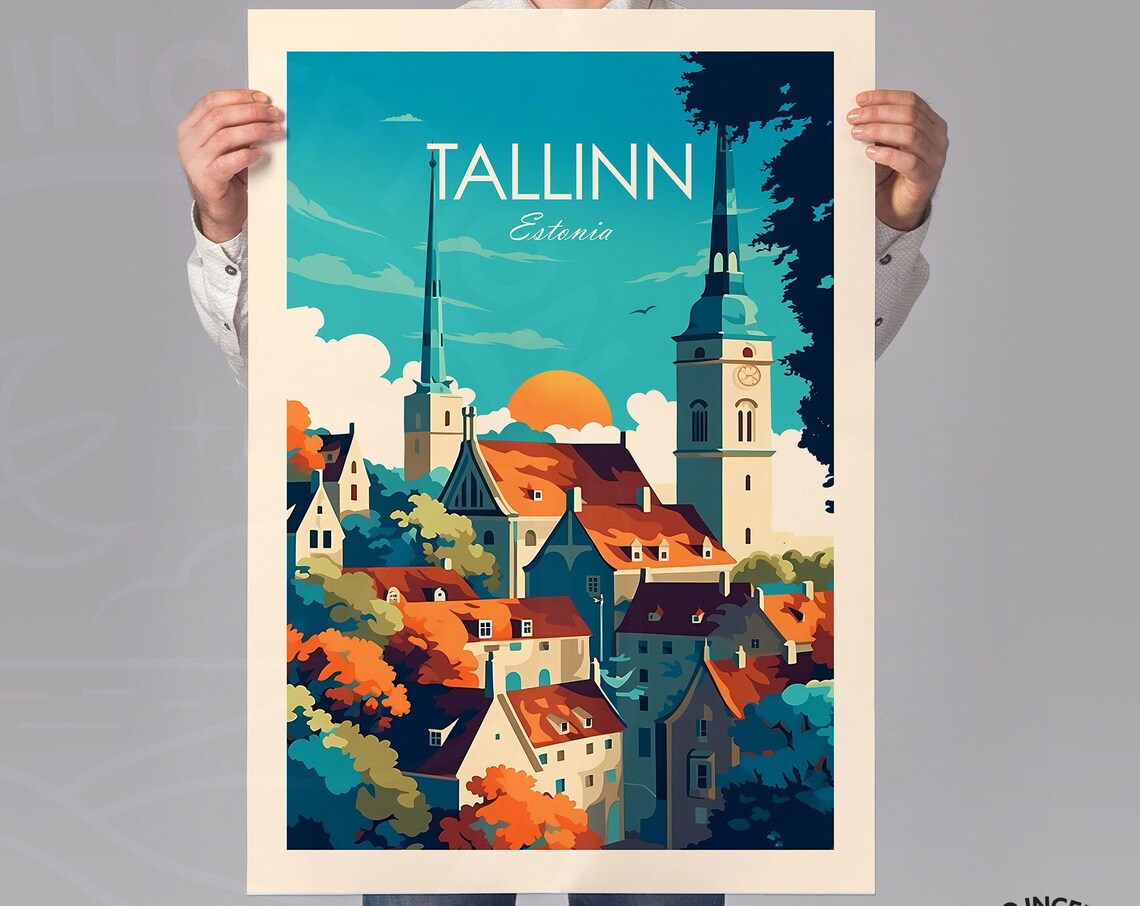 Tallinn Estonia Old Town Towers Sunset Traditional Travel Poster - Image 2