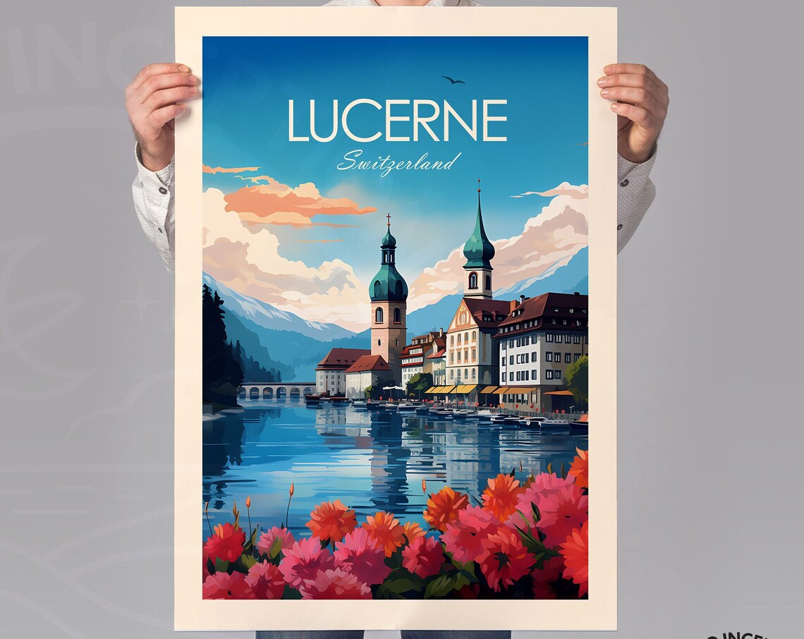 Lucerne Switzerland Lake Waterfront Church Towers Flower Poster - Image 3