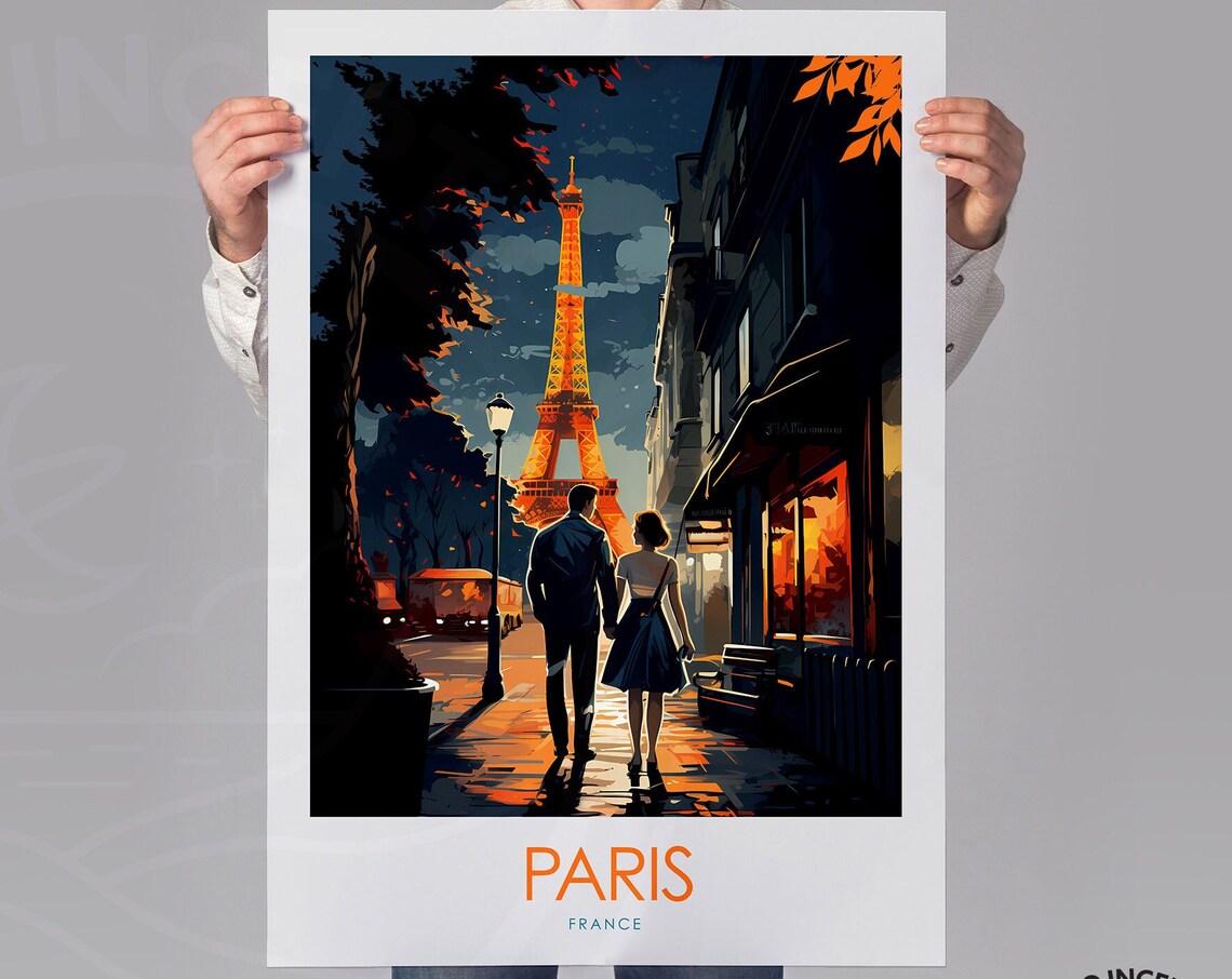 Paris France Eiffel Tower Night Romantic Street Couple Poster - Image 3