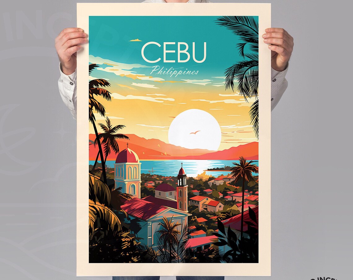 Cebu Philippines Sunset Harbor Church Towers Tropical Travel Poster - Image 3