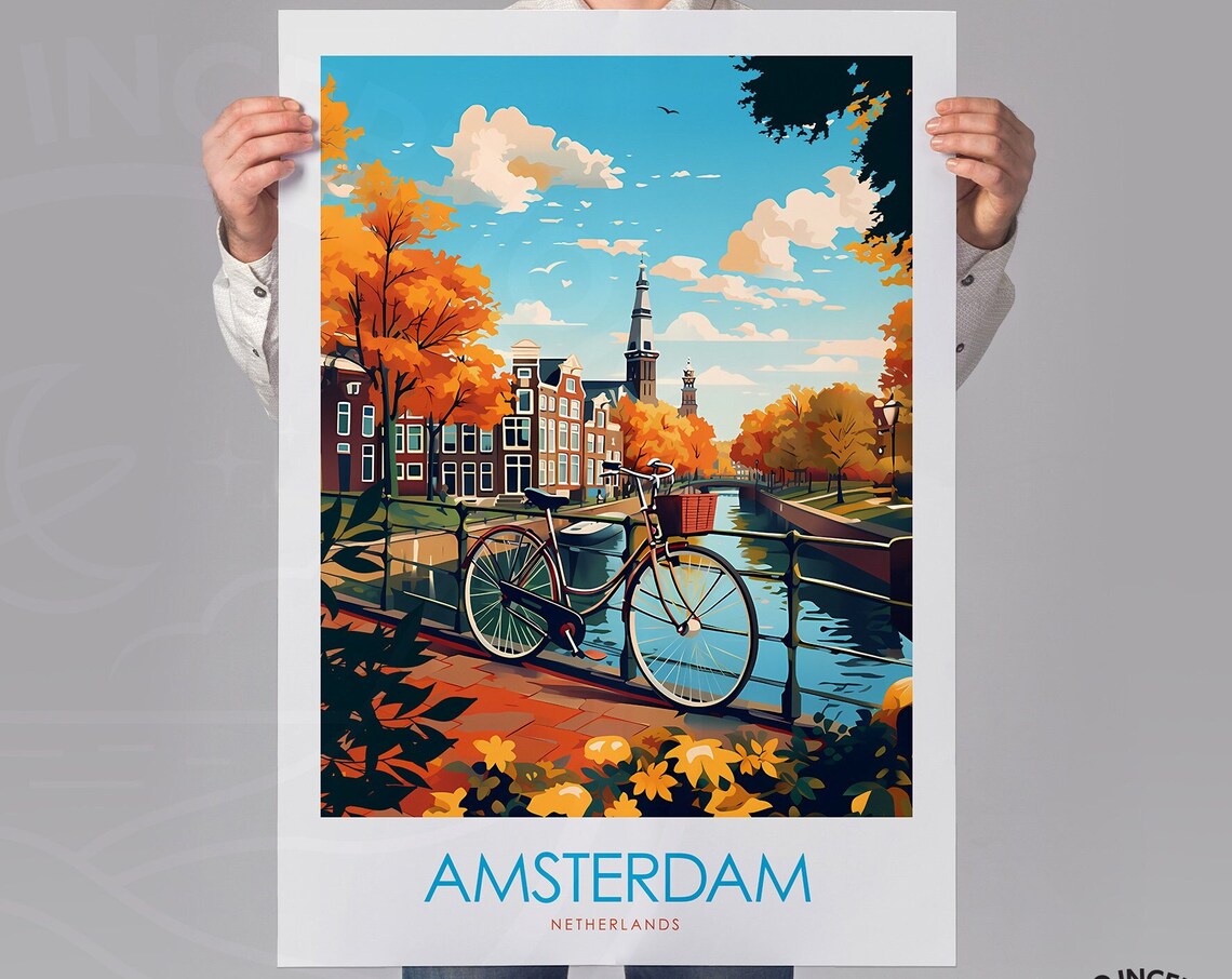 Amsterdam Netherlands Canal Bicycle Autumn Minimal Travel Poster - Image 2