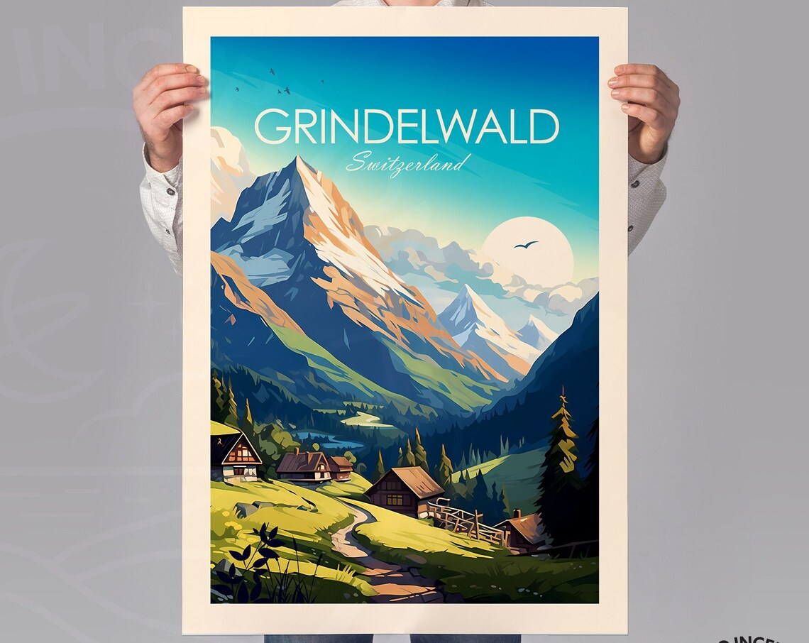 Grindelwald Switzerland Alpine Peaks and Village Chalets Travel Poster - Image 3