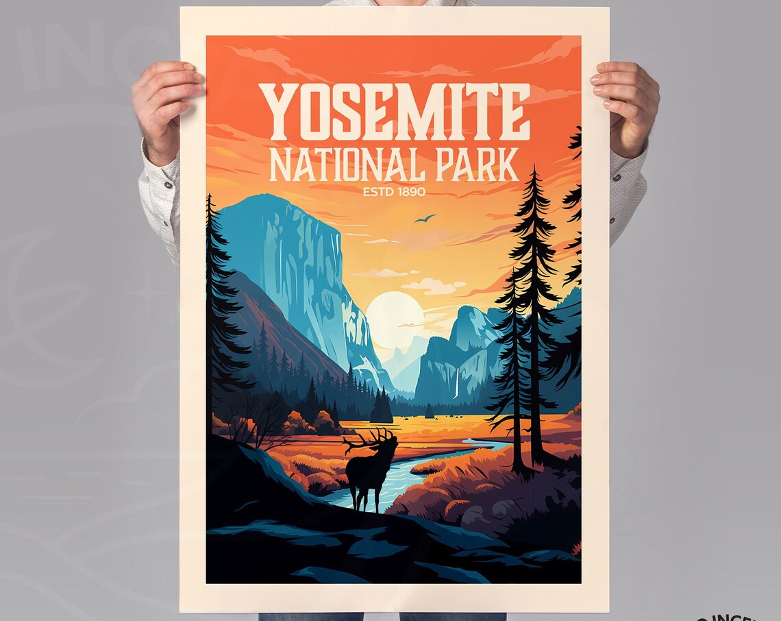 Yosemite National Park Estd 1890 Valley Stag Sunset Travel Poster - Image 3
