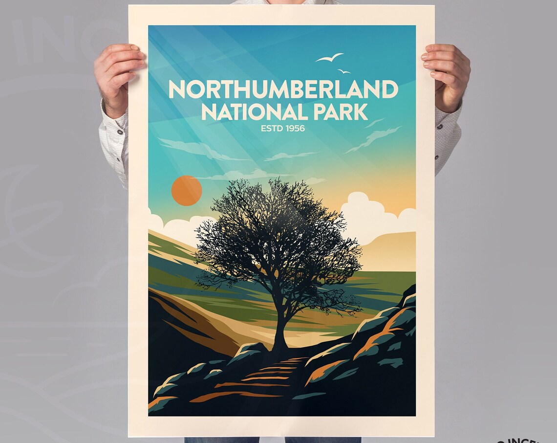 Northumberland National Park England Tree Sunset Vintage Poster - Image 2