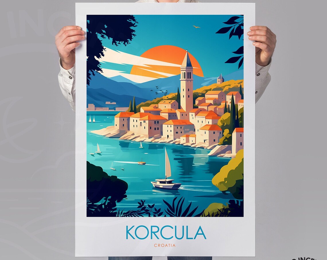 Korcula Croatia Old Town Harbor Sailboats Island Sunset Poster - Image 3