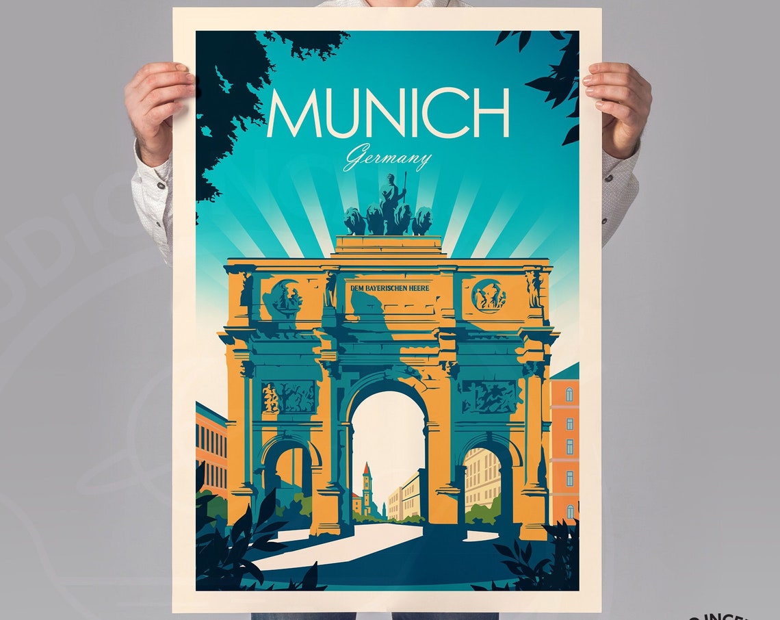 Munich Germany Siegestor Triumphal Arch Rays Vintage Travel Poster - Image 3