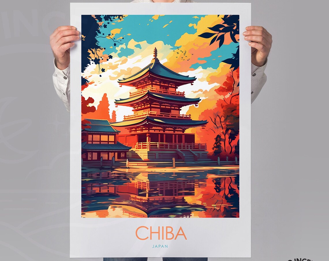 Chiba Japan Temple Pagoda Reflection Sunset Lake Travel Poster Art - Image 3
