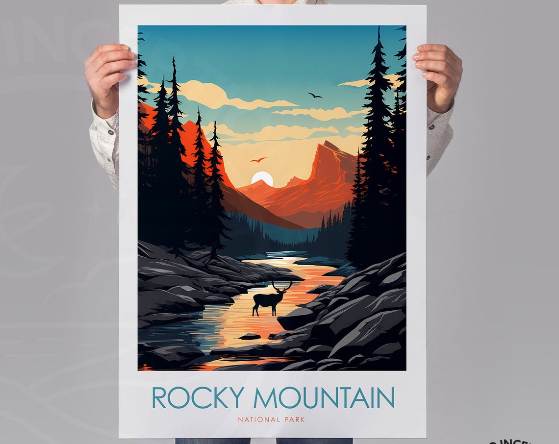 Rocky Mountain National Park Sunset Elk by River Minimal Travel Poster - Image 2