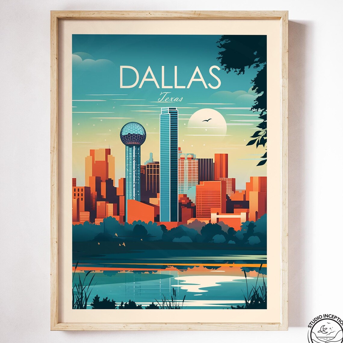Dallas City Skyline, Texas Travel Poster Art Print - Image 3