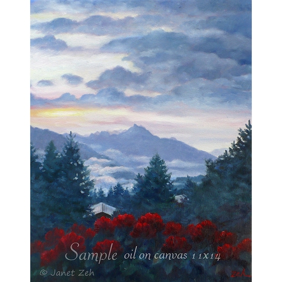 Mountain Sunset Dramatic Clouds Evergreens Oil Painting Landscape Poster
