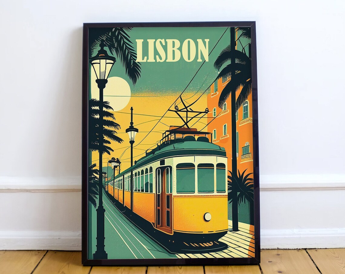 Lisbon Portugal Retro Sunset Tram and Palm Tree Street Poster