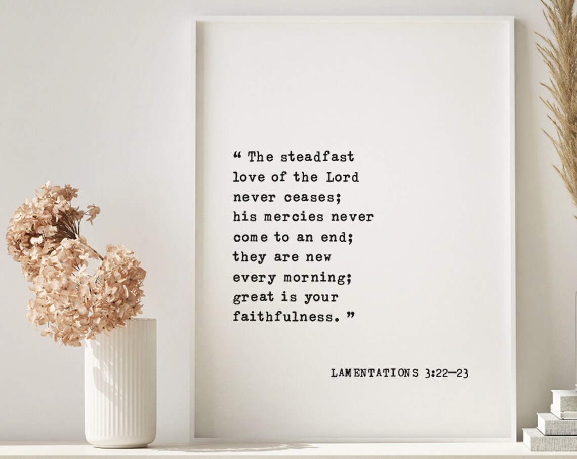 Lamentations 3:22-23 Typewriter Style Scripture Verse White Wall Print