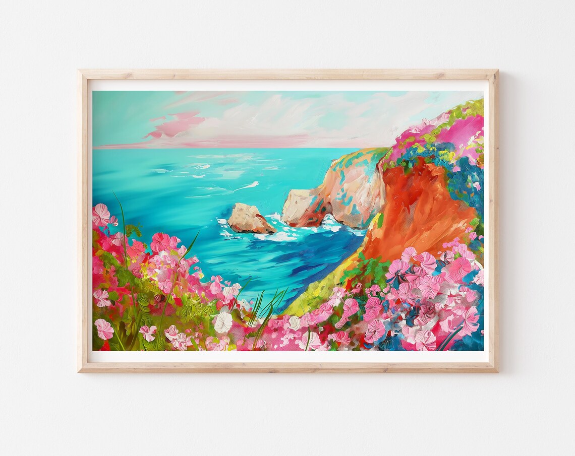 Turquoise Seaside Cliffs Pink Wildflowers Coastal Cove Wall Art