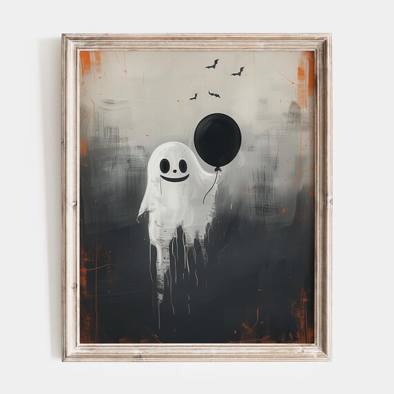 Cute Ghost Holding A Black Balloon With Flying Bats Party Poster