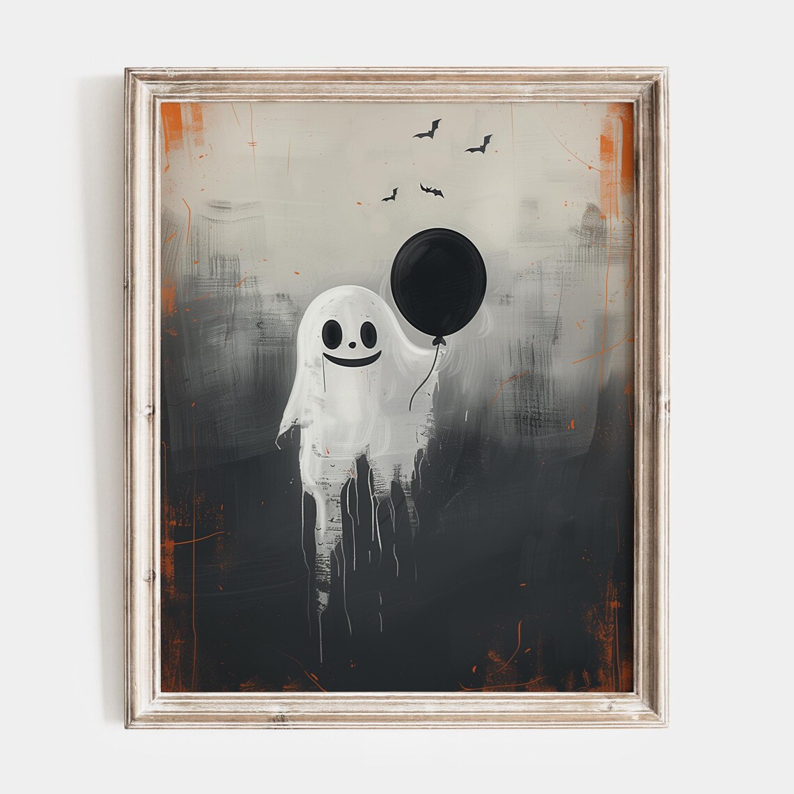 Cute Ghost Holding A Black Balloon With Flying Bats Party Poster