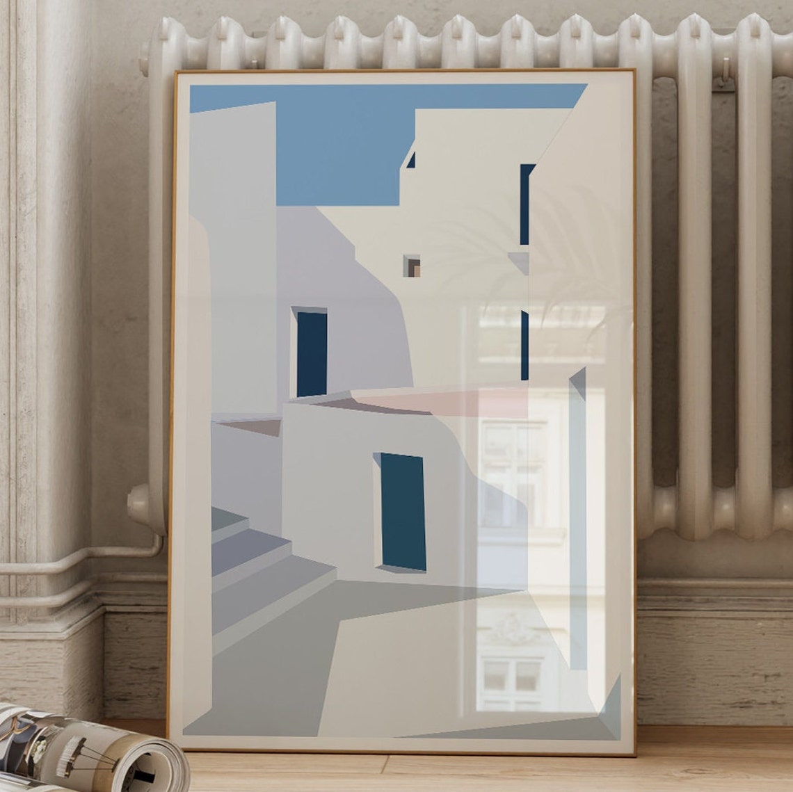 Aegean White Houses Blue Doors Mediterranean Steps Modern Art Poster - Image 3
