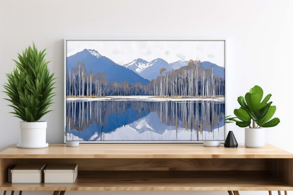 Blue Mountain Lake Reflection Poster Birch Forest Calm Landscape Art - Image 4