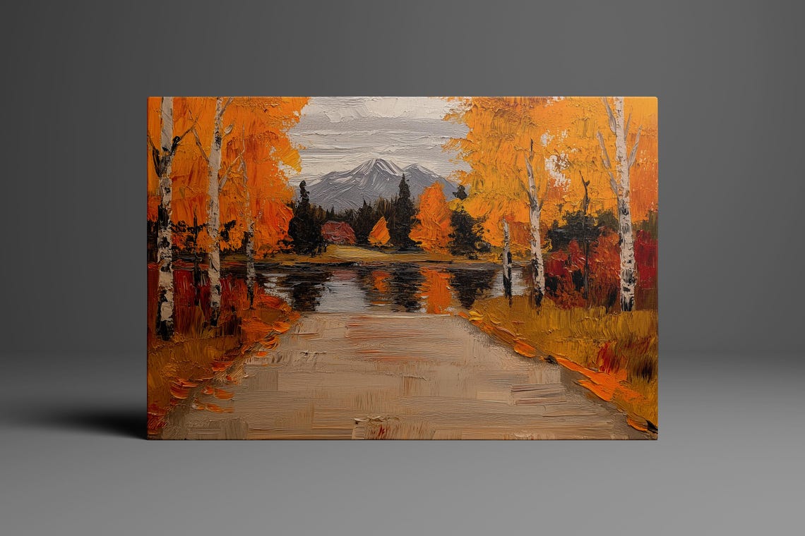 Autumn River Landscape Oil Painting Poster Golden Birch Trees Artwork - Image 2