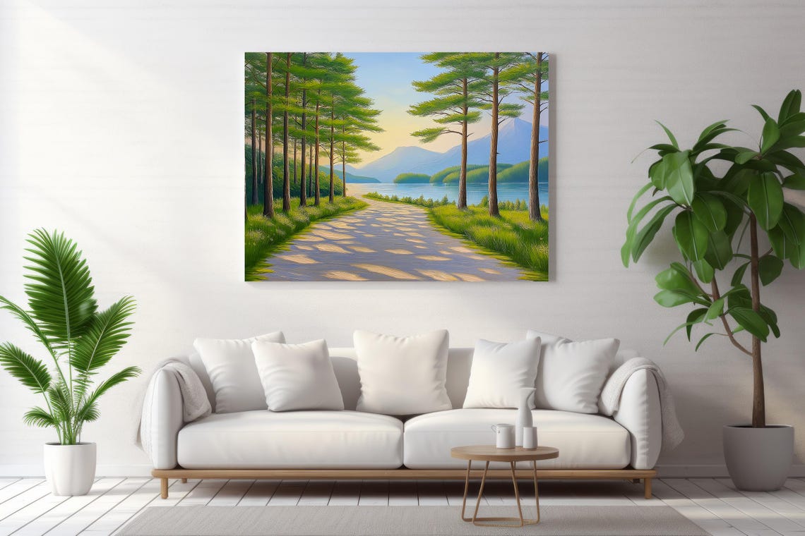 Serene Pine Forest Path Leading to Misty Mountain Lake Poster - Image 4