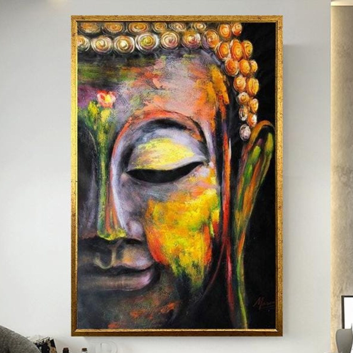 Vibrant Multicolor Painted Buddha Face Close-Up Spiritual Art Poster
