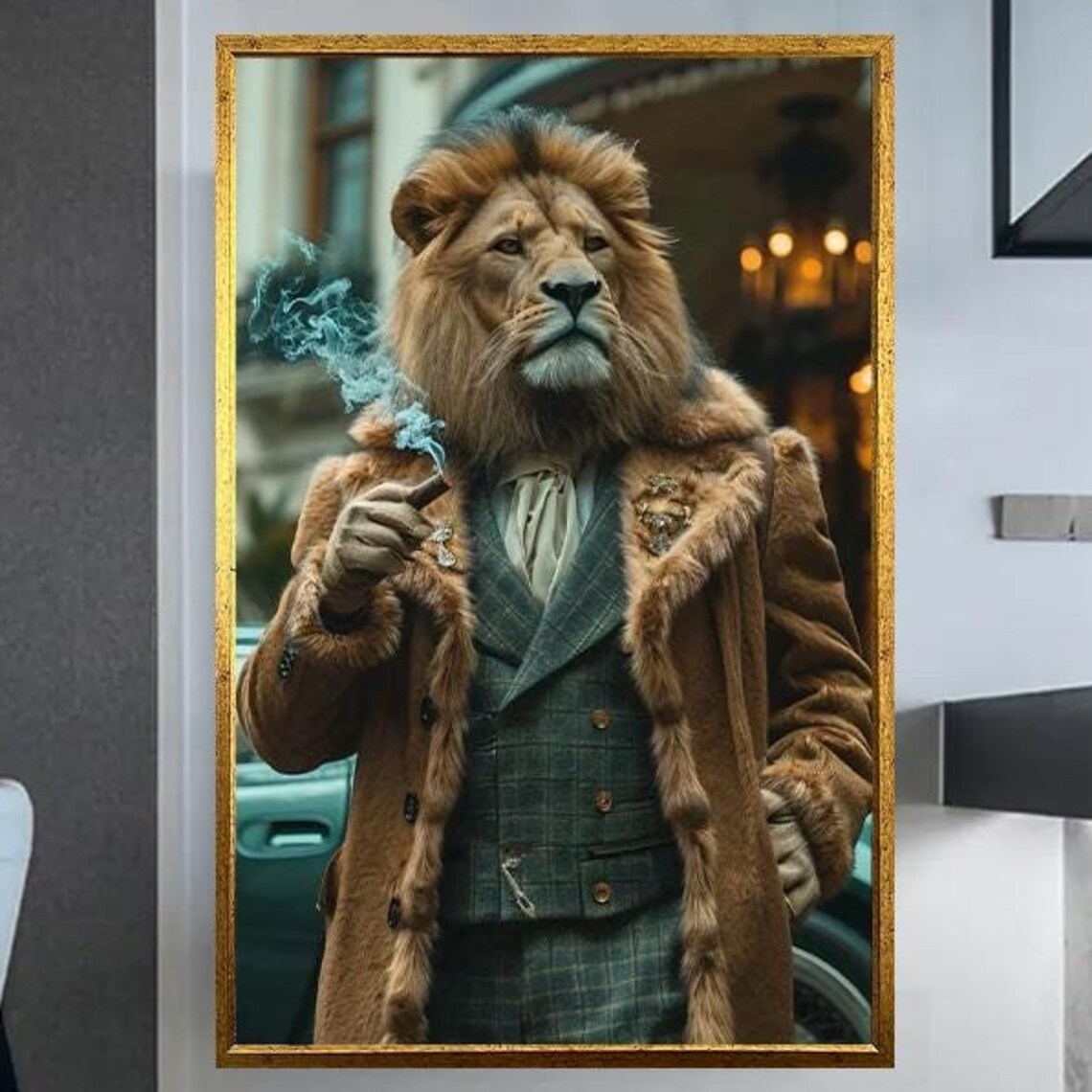 Distinguished Gentleman Lion In Vintage Suit Smoking A Cigar Poster