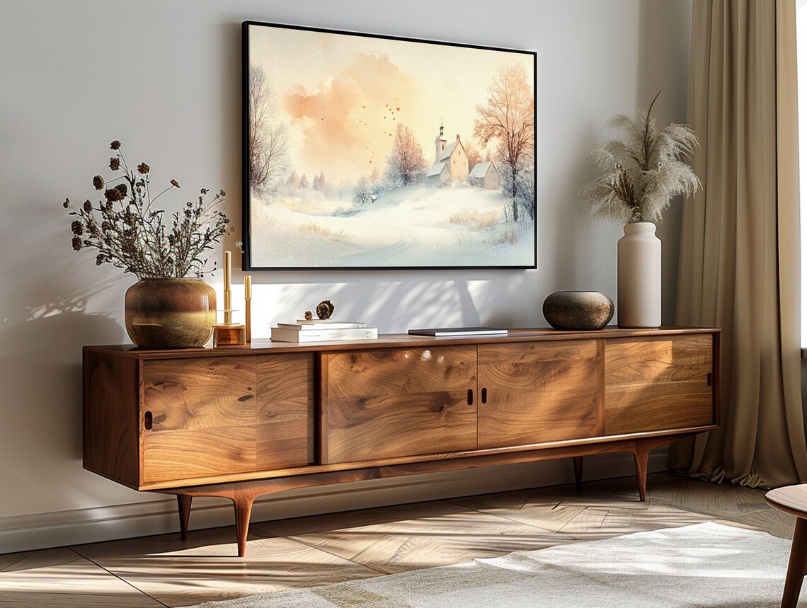 Snowy Church Hill Peach Watercolor Sky Floating Hearts Winter Poster - Image 3