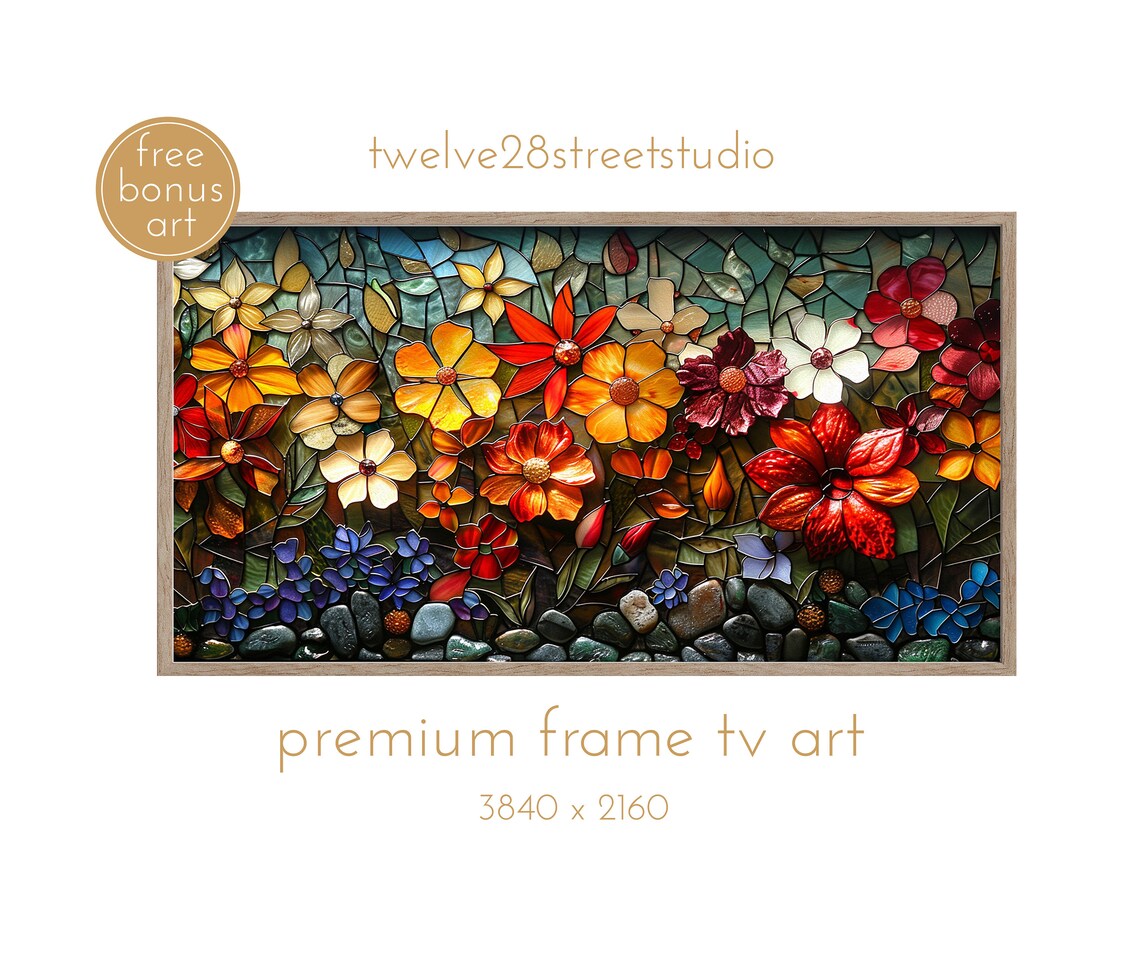 Stained Glass Florals Art Print, Frame TV Decor