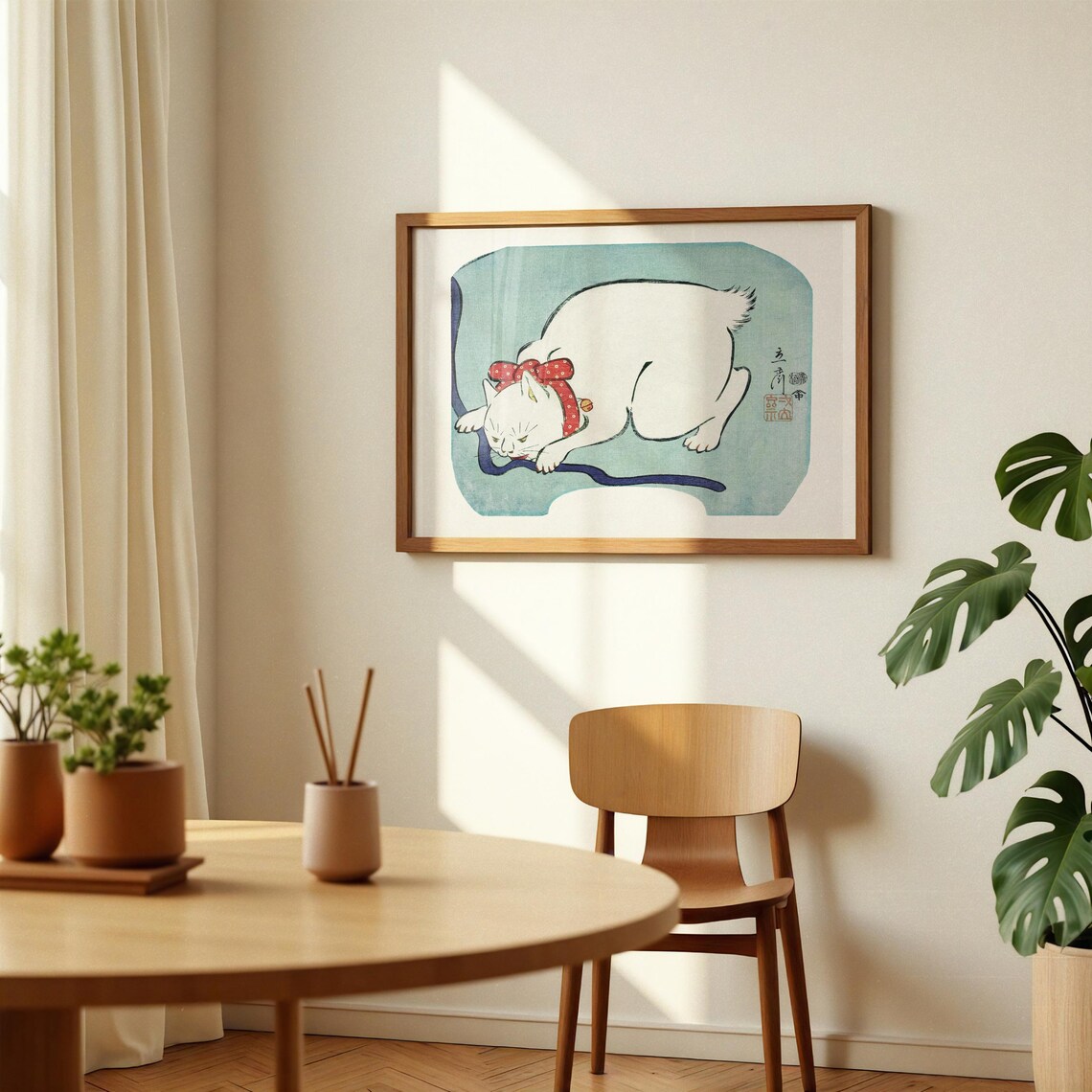 Vintage Japanese White Cat Woodblock Art in Ukiyo-e Style Poster - Image 3