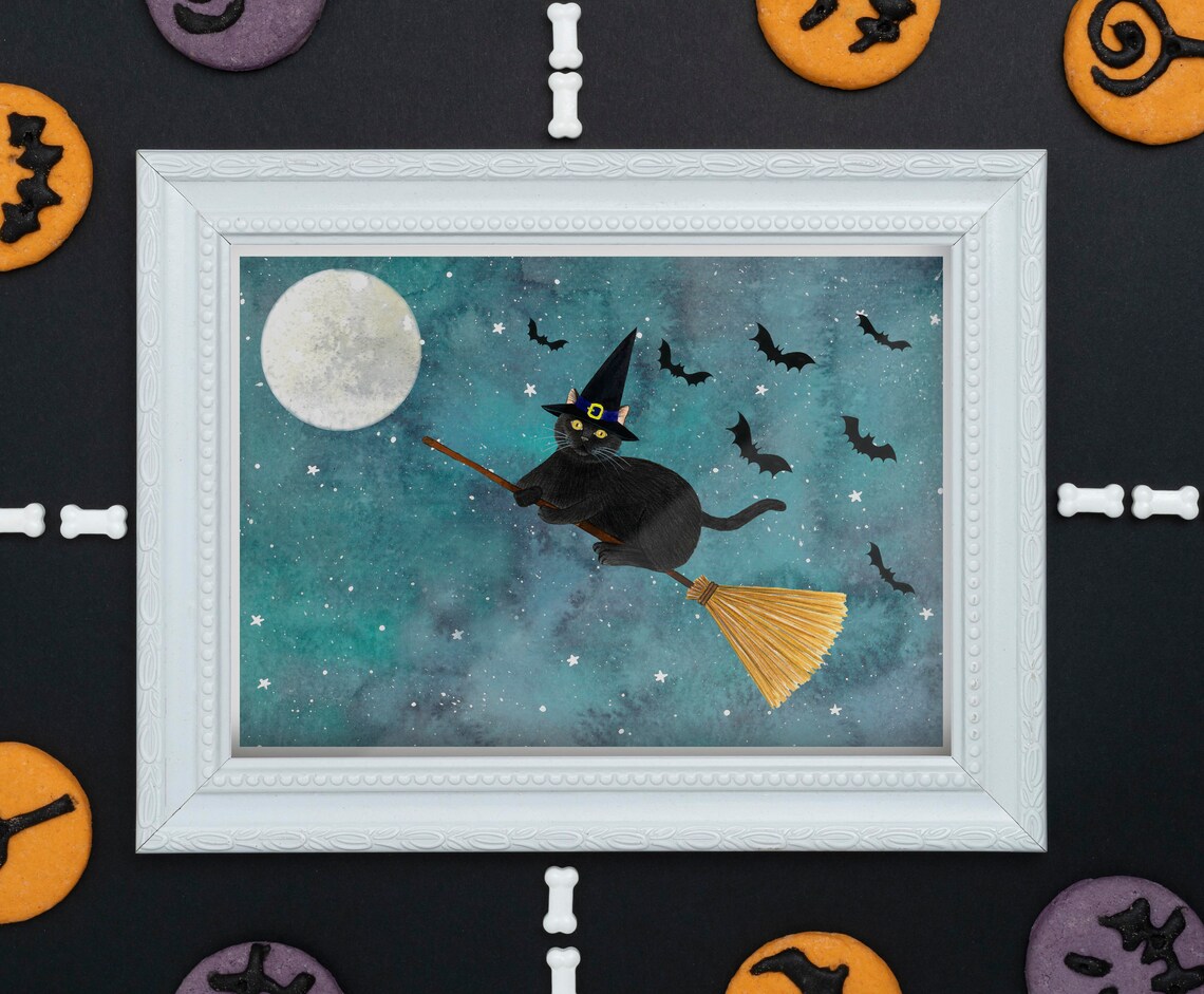 Witch Cat Flying Broom Full Moon Bats Watercolor Halloween Print