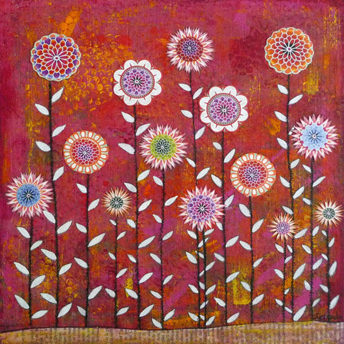 Mandala Lollipop Flowers Blooming Across a Crimson Field Poster