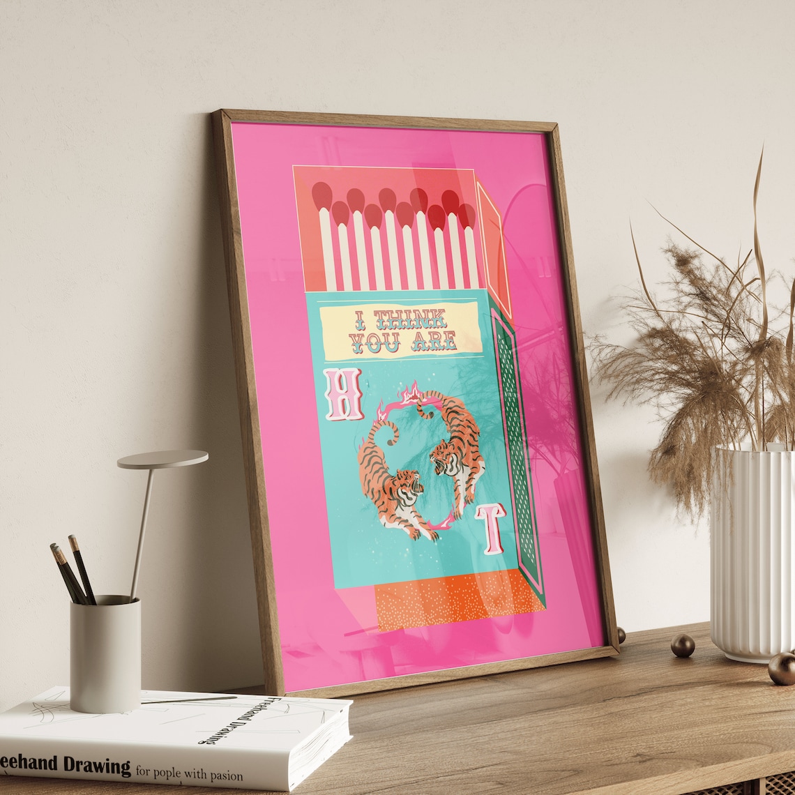 I Think You Are Hot Tiger Matchbox Art Print Hot Pink Retro Decor