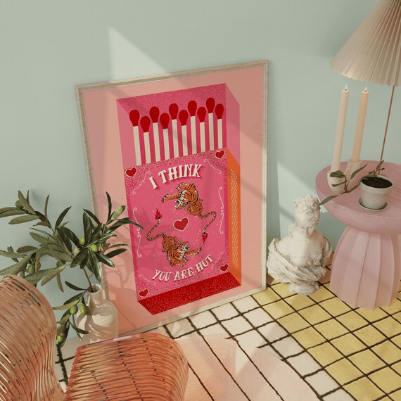 Retro Tiger Matchbox Poster Pink Vintage Art