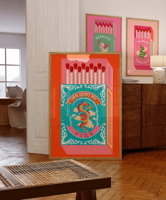 You Light My Fire Dragon Retro Matchbox Teal Orange Art Poster
