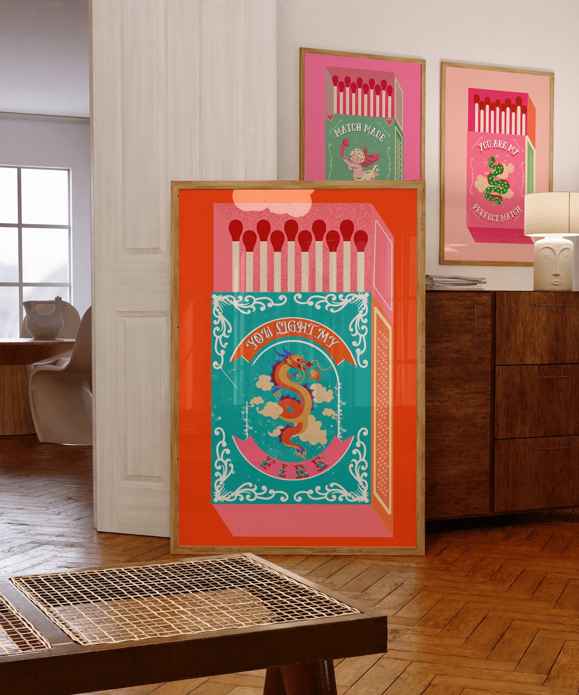 You Light My Fire Dragon Retro Matchbox Teal Orange Art Poster
