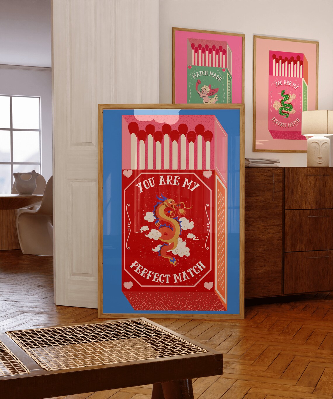 You Are My Perfect Match Dragon Matchbox Art Print Red Blue Decor